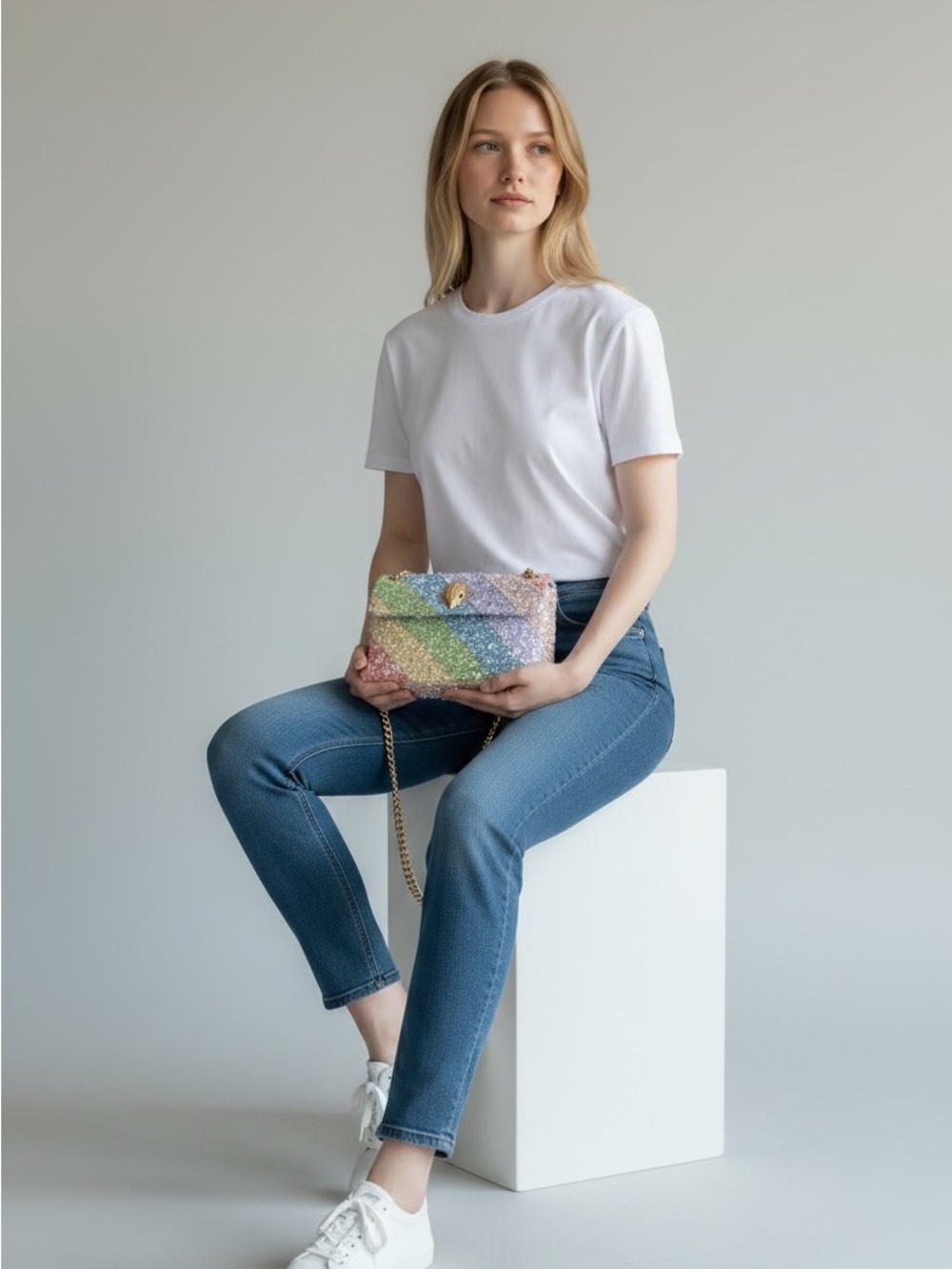 Kurt Geiger Kensington Denim Sequin Bead Rainbow Convertible Crossbody - Picture 3 of 8